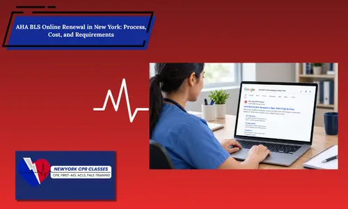 female nurse searching for aha bls online renewal in new york on a laptop